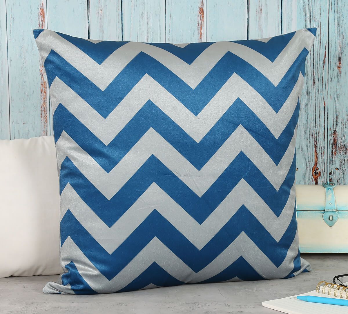 India Circus by Krsnaa Mehta Cerulean Chevron Blended Velvet Cushion Cover