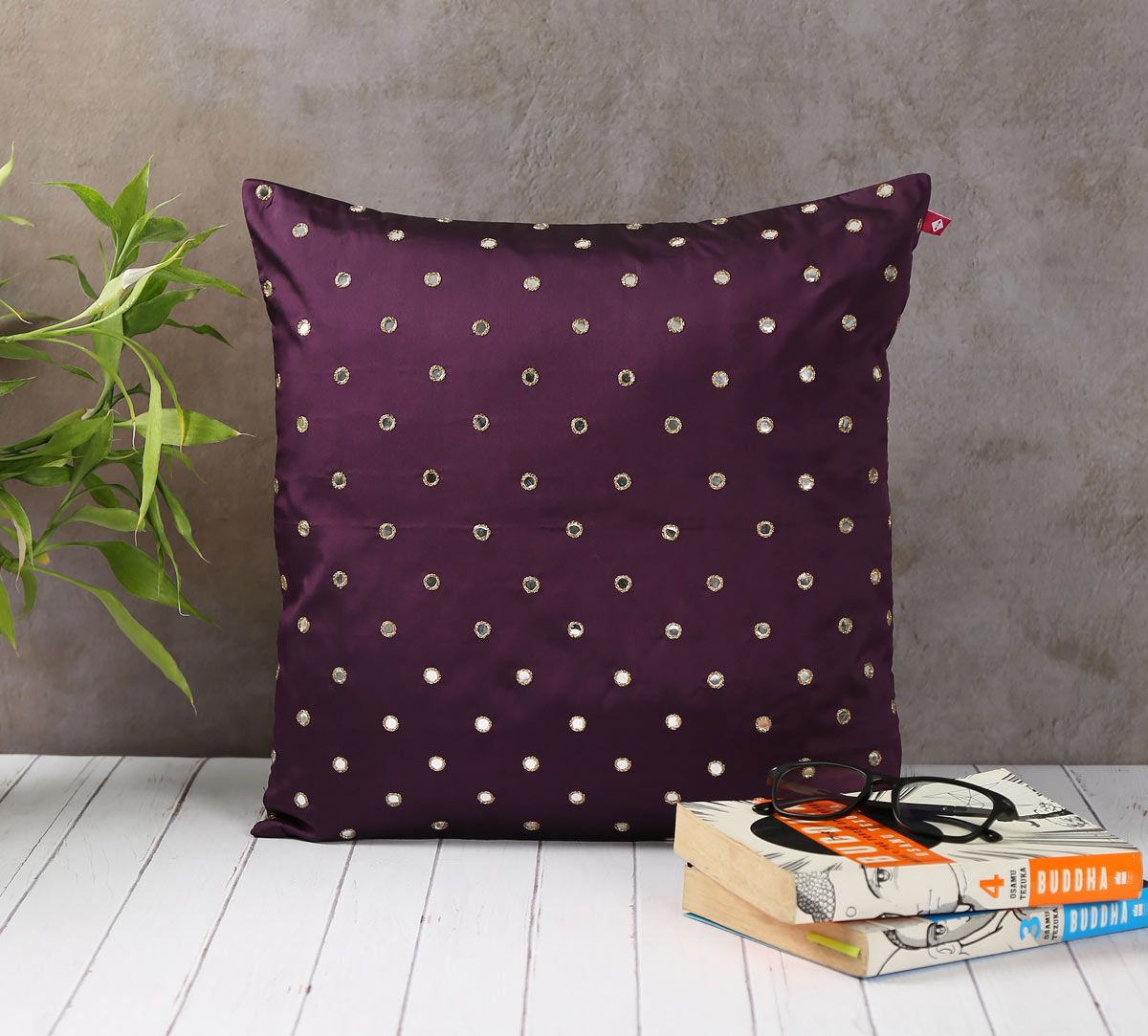 India Circus Mirror Work Purple Cushion Cover
