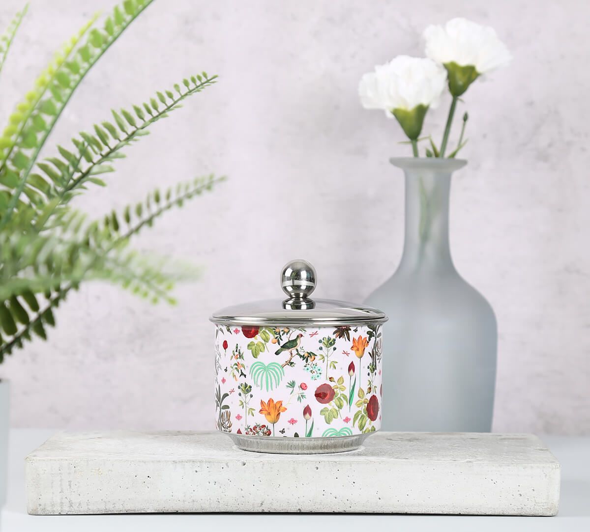 Petal and Plume Steel Bowl with Lid
