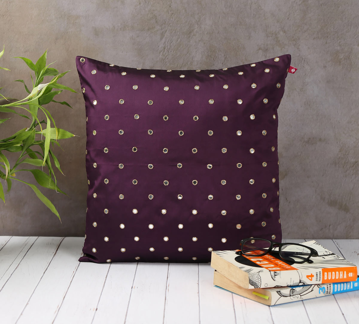India Circus Mirror Work Purple Cushion Cover